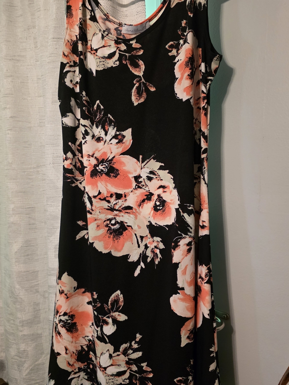 Women’s Black Floral Sleeveless Dress with Coral Accents